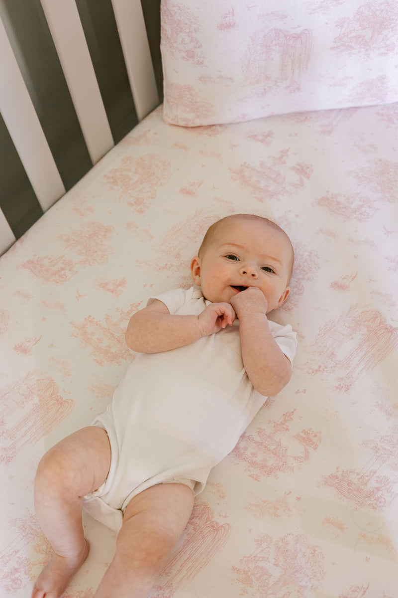 Spring Toile Pink Fitted Crib Sheet The Gilded Bird Fitted Cot