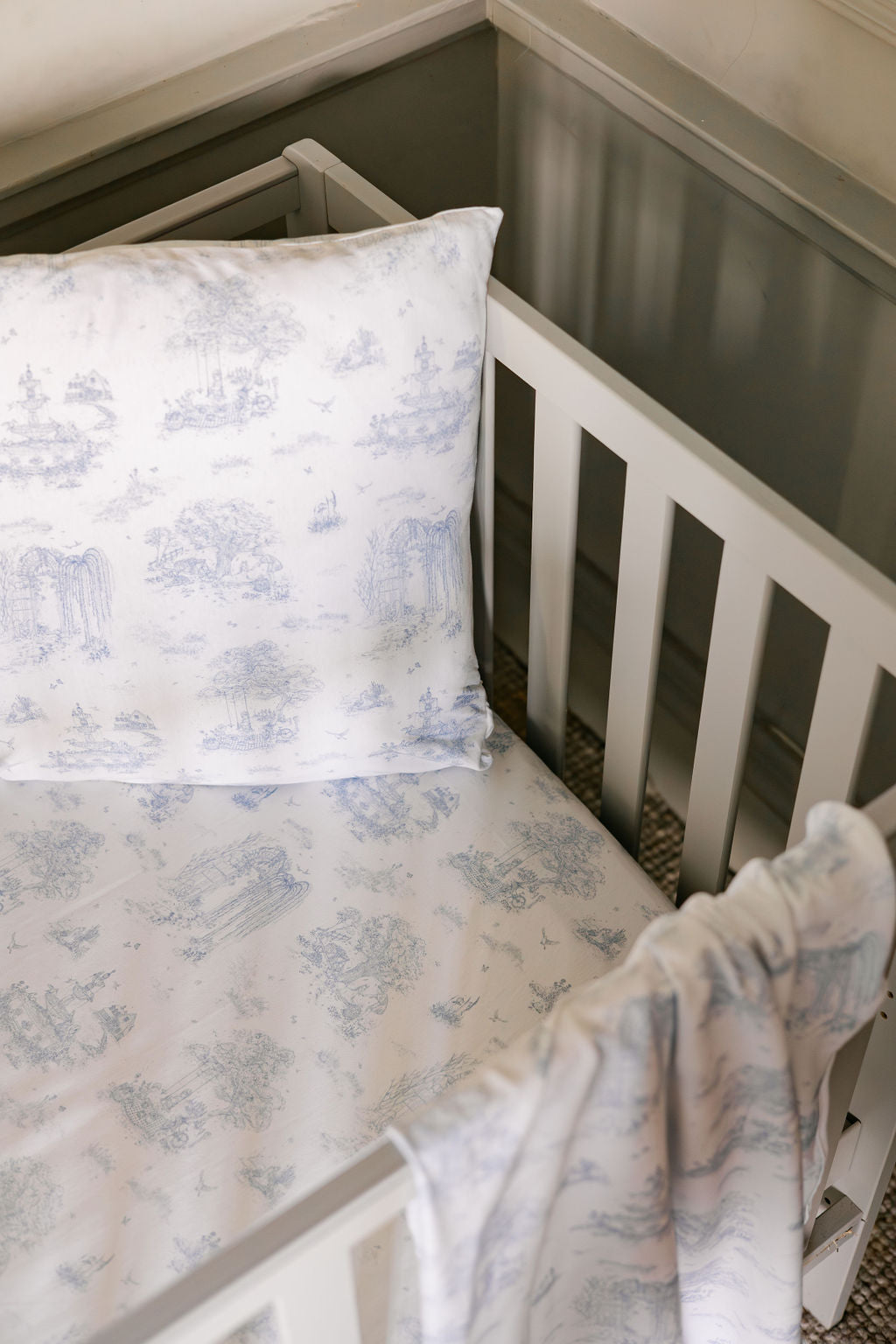 Spring Toile Blue Spring Toile Blue Fitted Crib Sheet | The Gilded Bird | Fitted Cot ...