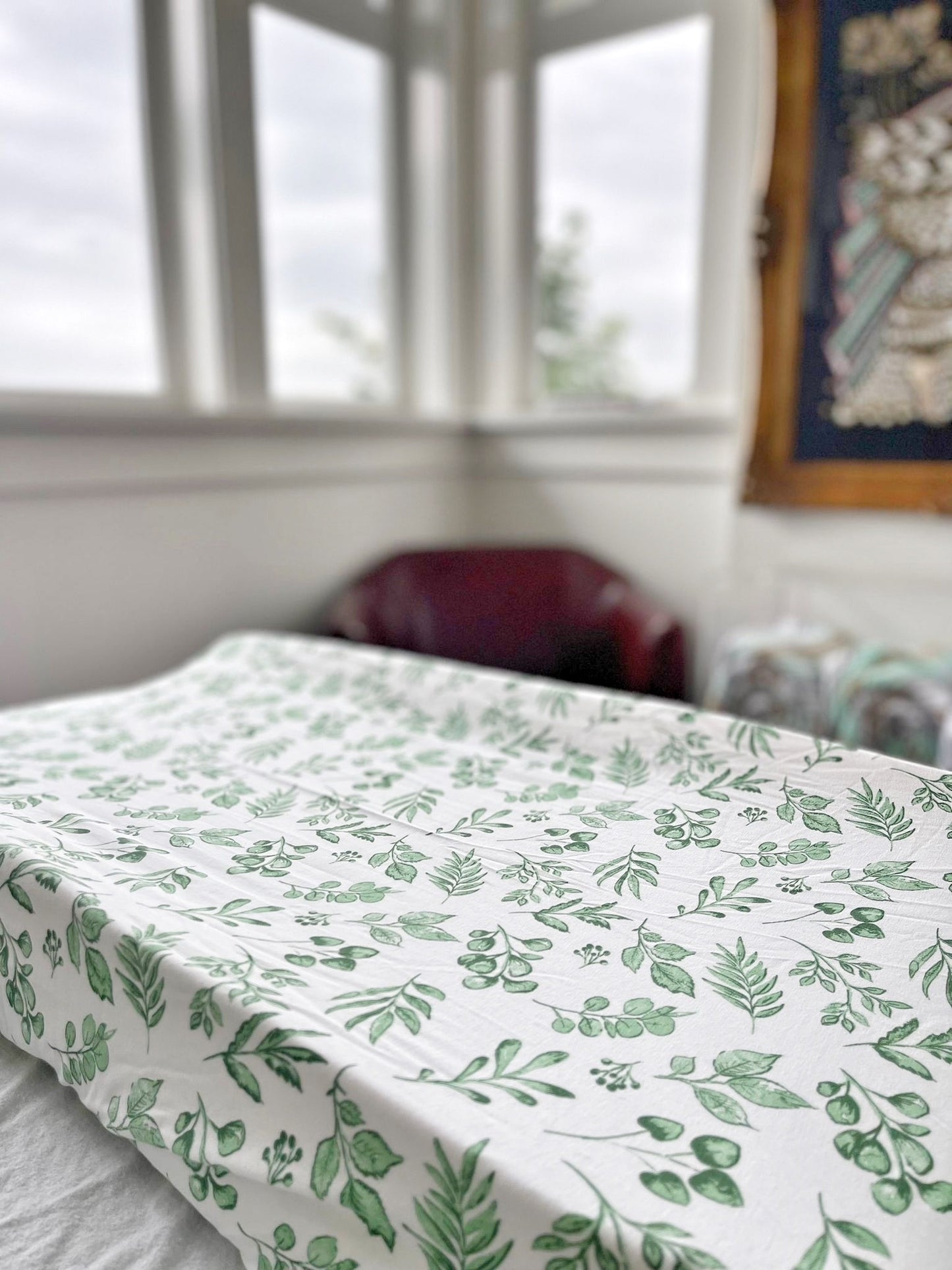 Load image into Gallery viewer, Lovely Leaves Green Change Pad Covers/Bassinet Sheets
