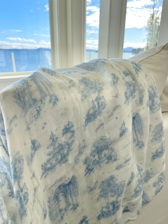 Spring Toile Blue Bamboo Baby Blanket