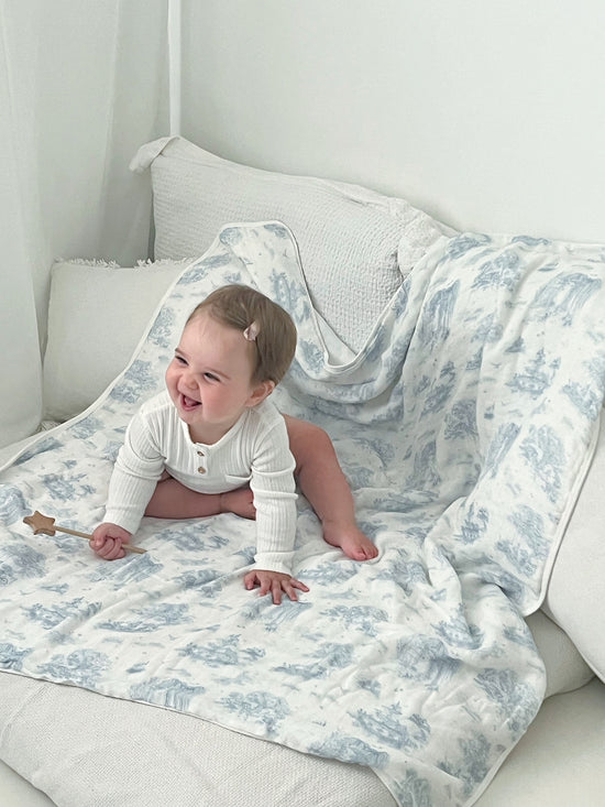 Spring Toile Blue Bamboo Baby Blanket