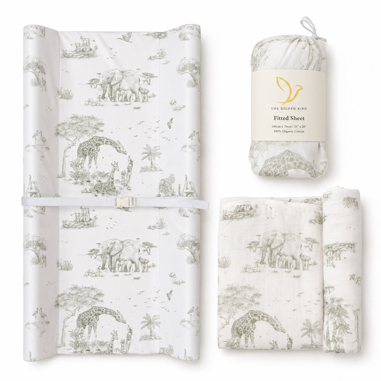 safari toile nursery bundle with a contour change pad, fitted crib sheet and bamboo blanket