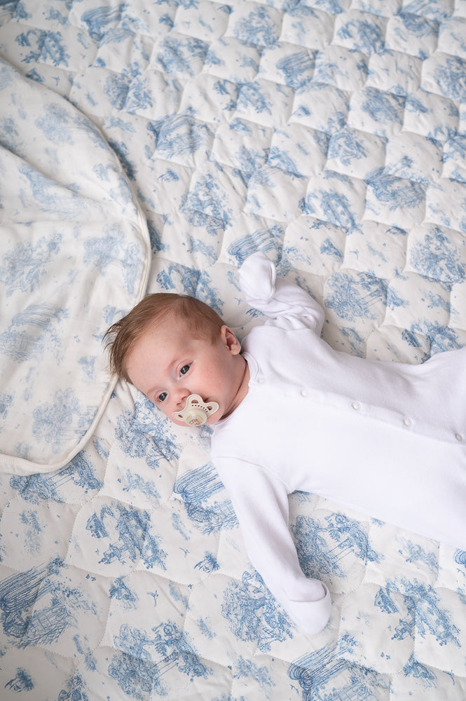 Spring Toile Blue Quilted Playmat - Organic Cotton Baby Playmat