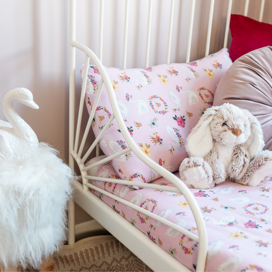 Swans on Pink Toddler Bed/Cotbed Duvet Cover and Pillow Case Set | The Gilded Bird | Toddler Duvet Sets | Buy Toddler Duvet Sets Online 