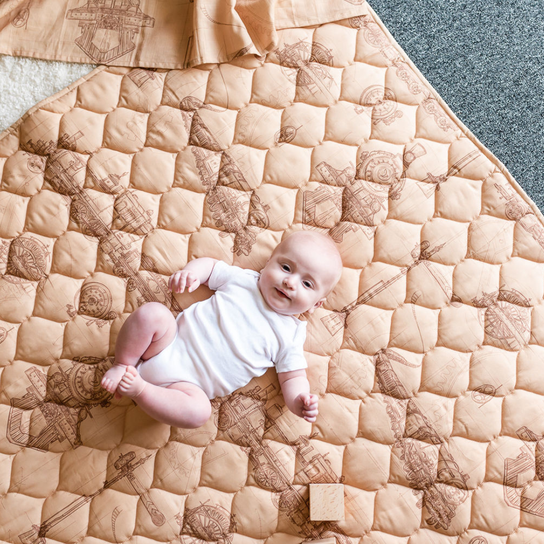 Trains on Brown Quilted Playmat | Baby Playmat