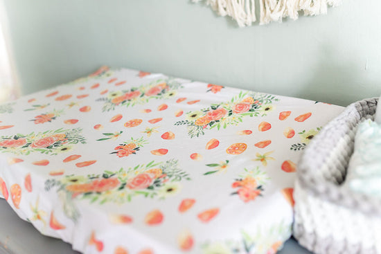 Load image into Gallery viewer, Orange Bloom Change Pad Covers/Bassinet Sheets
